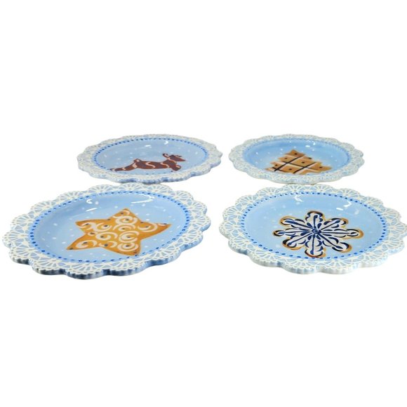 Paula Dean Set/4 Sugar Cookie "Suite" Dessert Plates Scalloped Hand Painted Holi - Picture 3 of 11